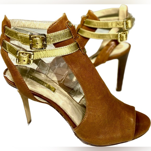 Louise et Cie Cut-Out Double Ankle Strap Heels Sandals 9M Brown Gold - Picture 9 of 15